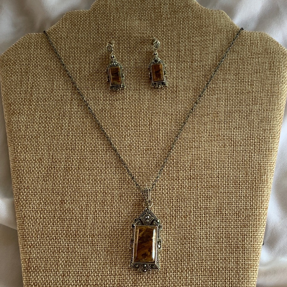 Vintage silver and brown stone necklace/earring
